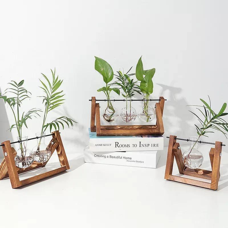 Glass Propagation Vase with A-Frame Wooden Stand